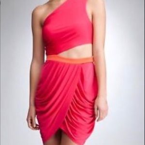 Coral one shoulder cut out BEBE mini dress